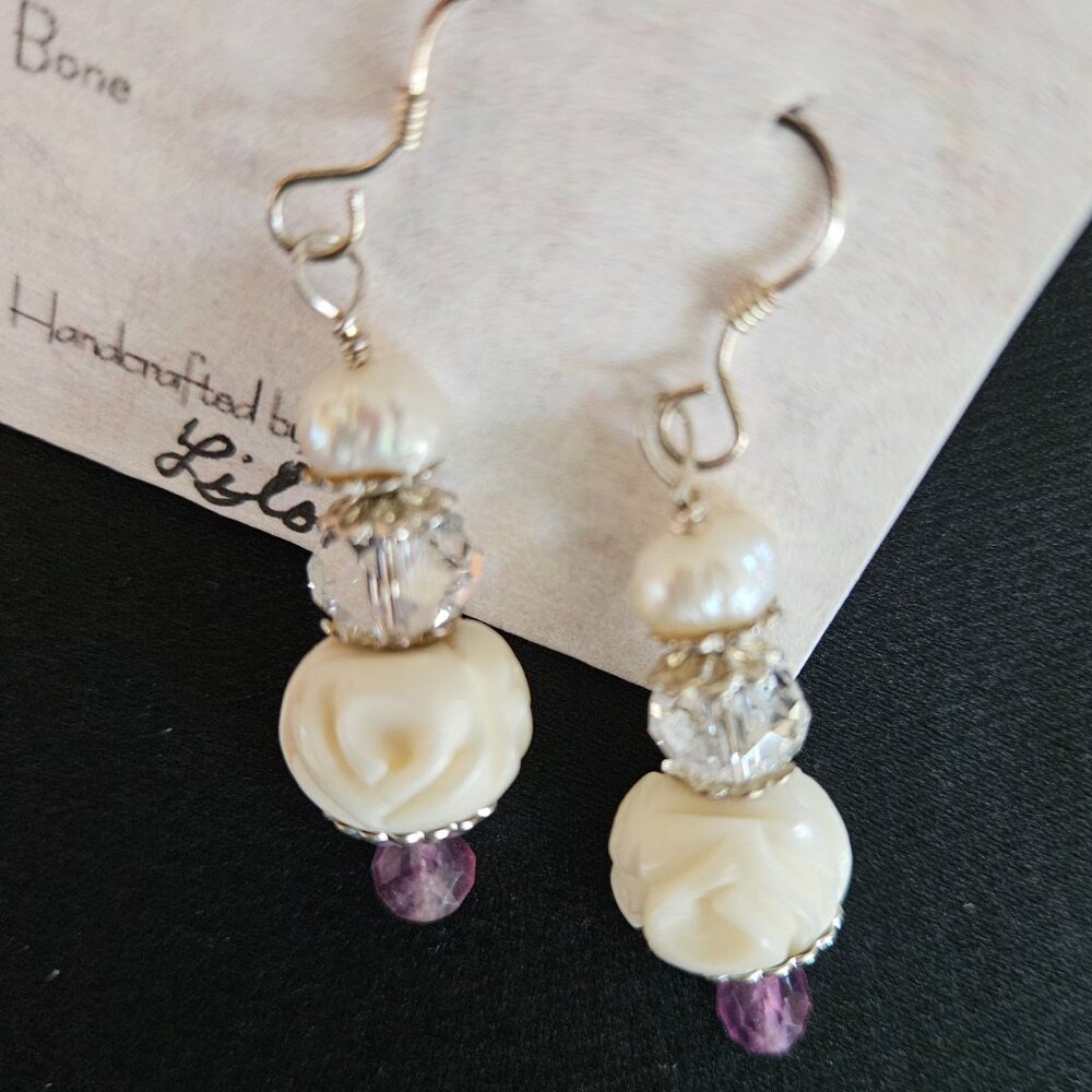Handcrafted Freshwater Pearl Quartz Crystal Fluorite Earrings - Picture 3 of 3